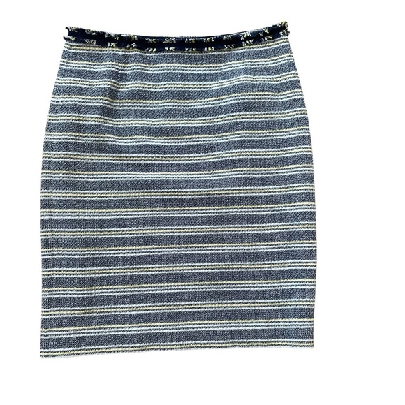MaxMara Weekend Tweed Skirt Navy Blue Stripes Fringe Waist Size 8 US Office - Picture 1 of 9
